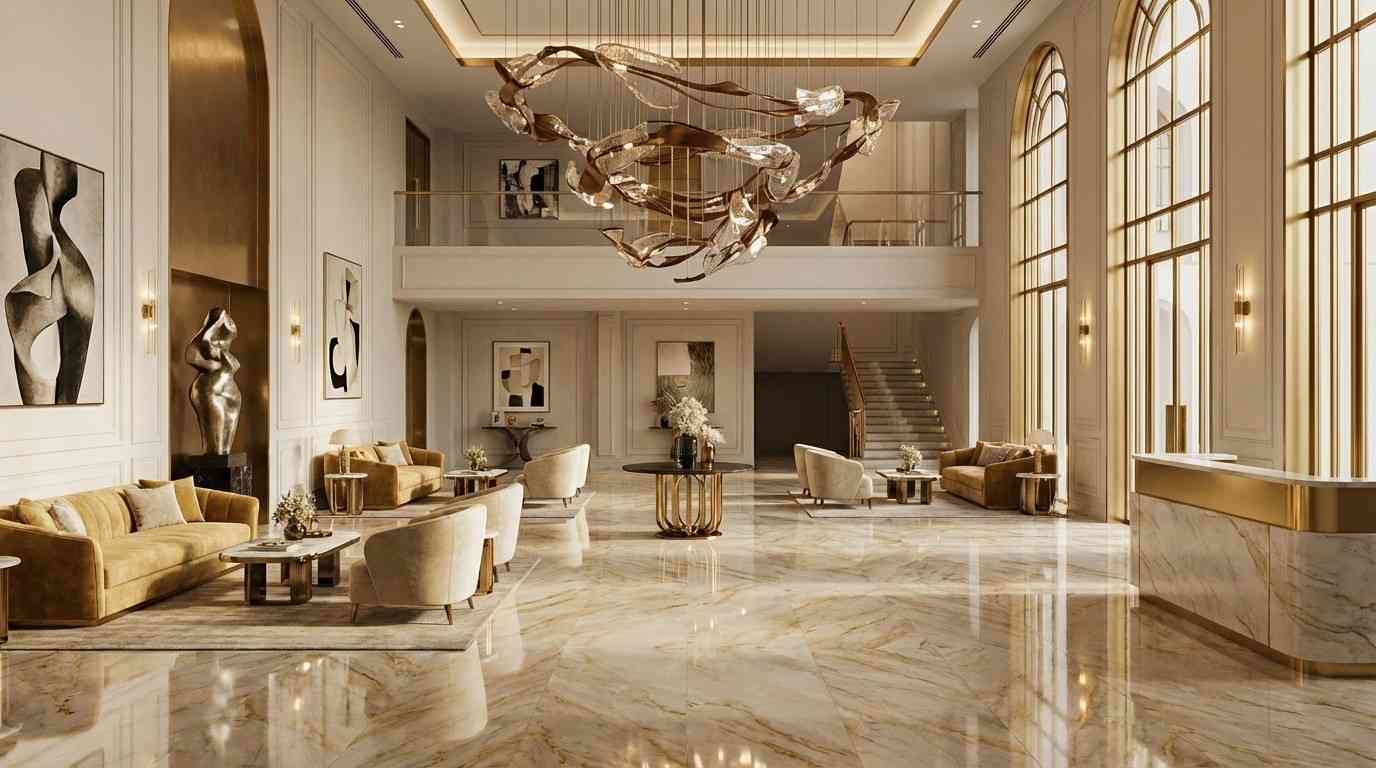 Double-height lounge with arched windows, marble floors and a sculptural chandelier