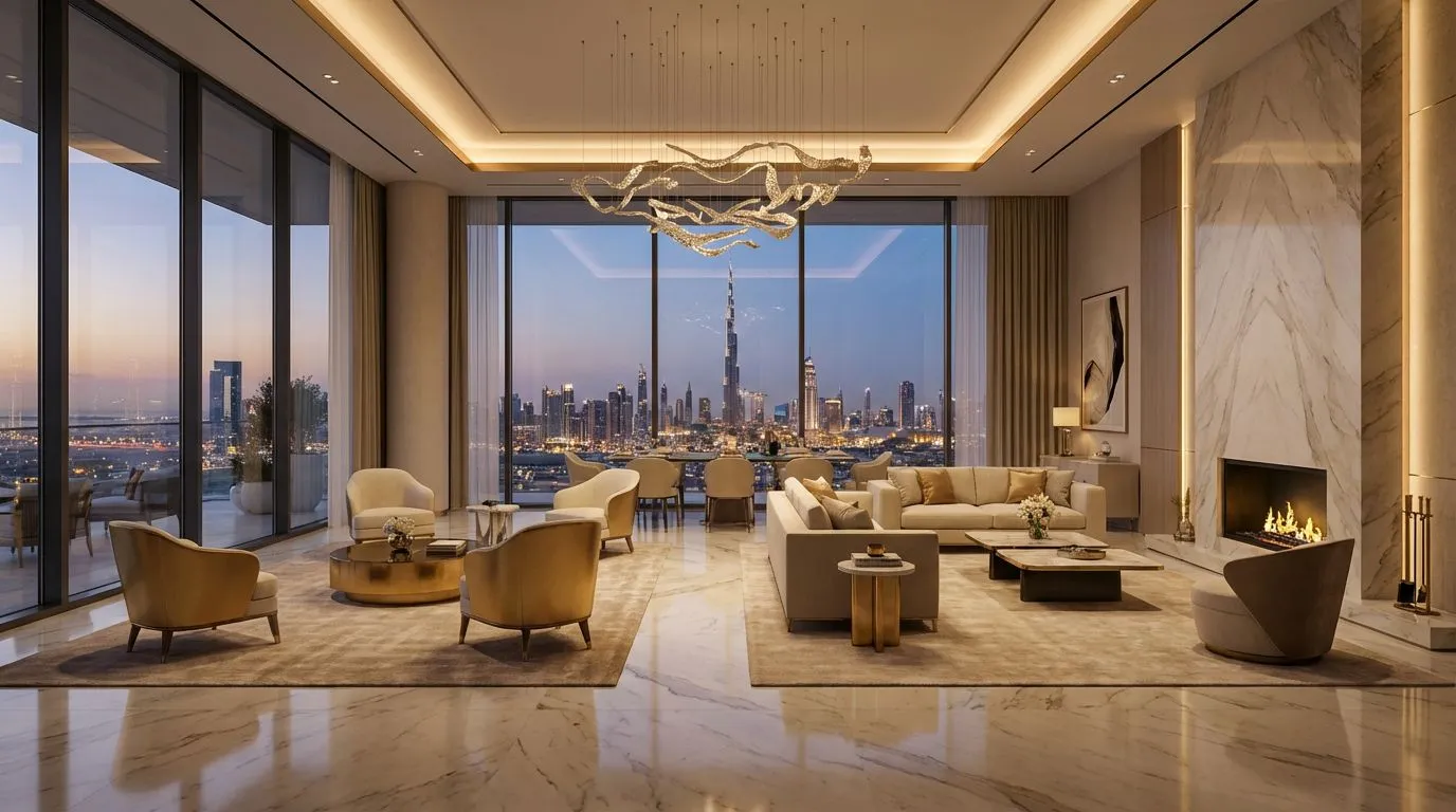 Double-height living room with marble floors, a fireplace and a city skyline at dusk