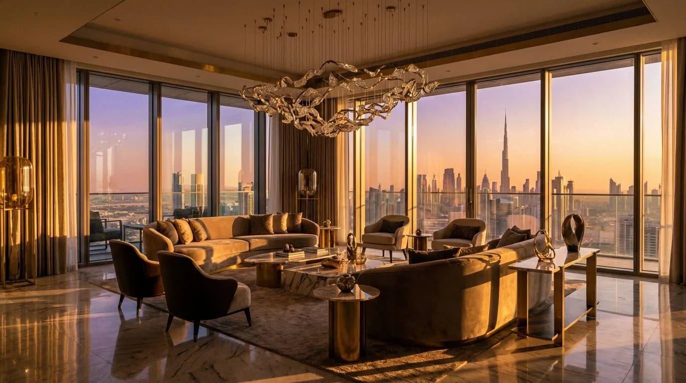 Living room with a sculptural chandelier and floor-to-ceiling windows at sunset