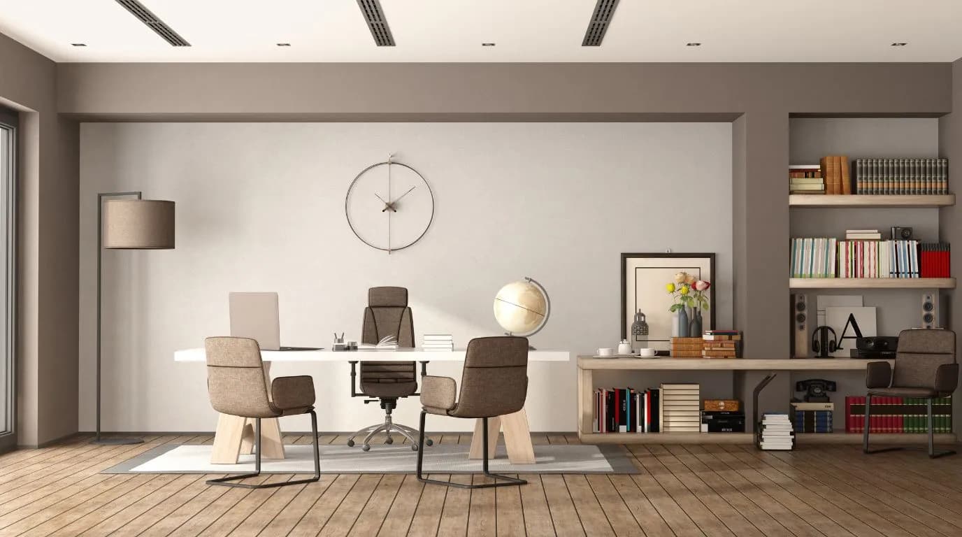 Study with timber flooring, a desk, a wall clock and built-in bookshelves