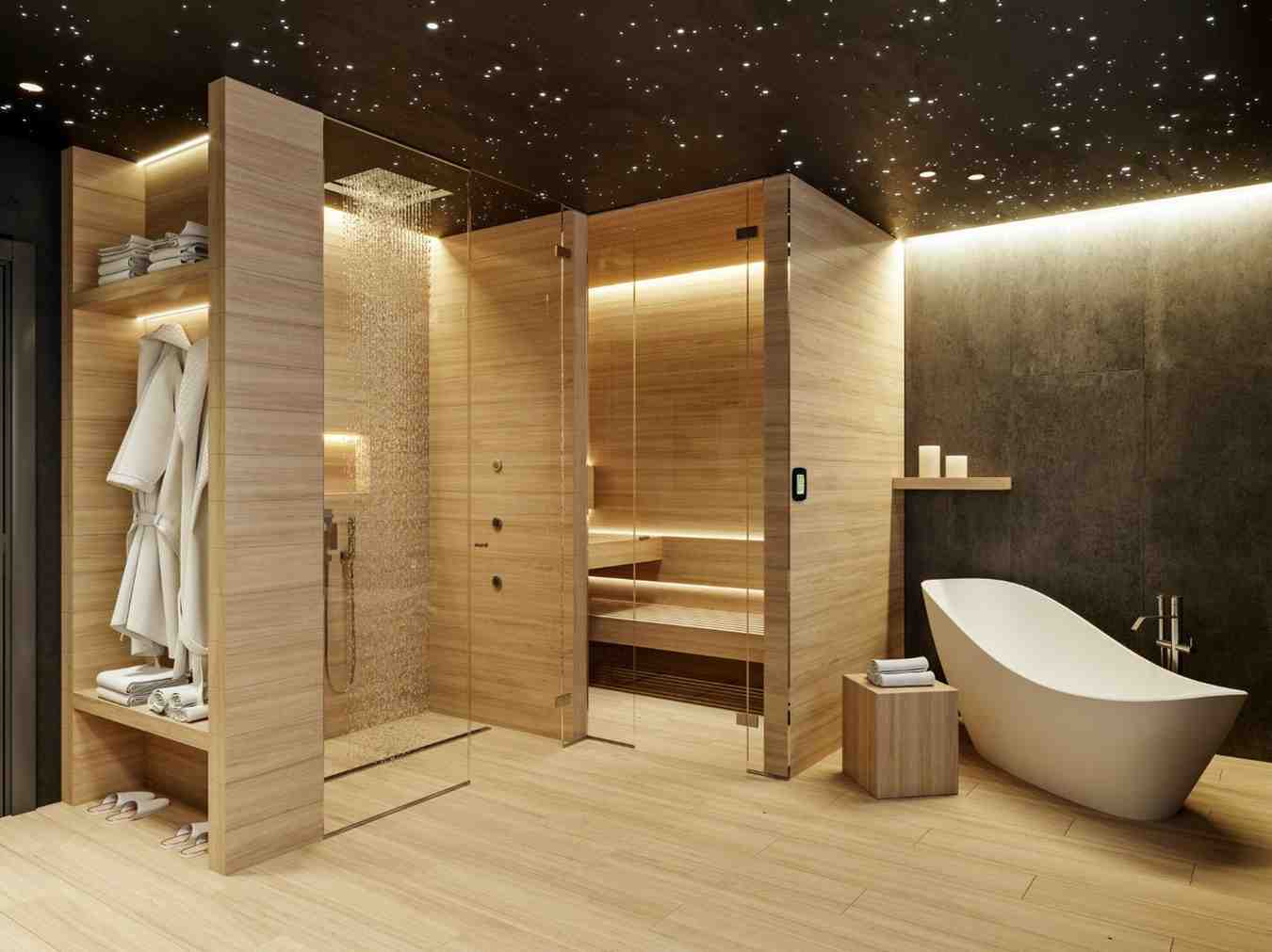 Bathroom with a freestanding tub, timber cladding and a glass shower