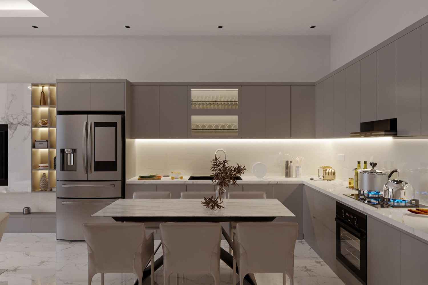 Contemporary kitchen with an island, integrated appliances and display lighting