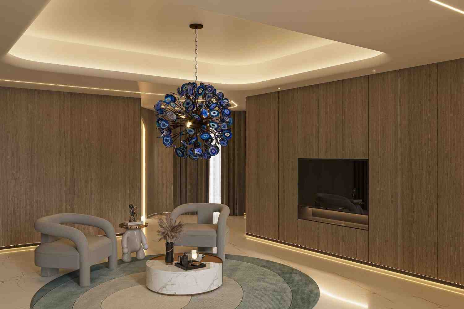 Living room with timber wall panelling, a fireplace and a statement pendant
