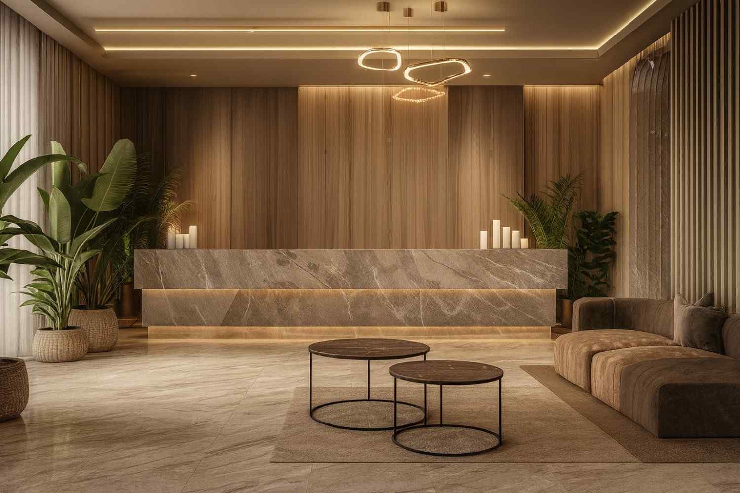 Lobby lounge with a marble counter, timber walls and planting