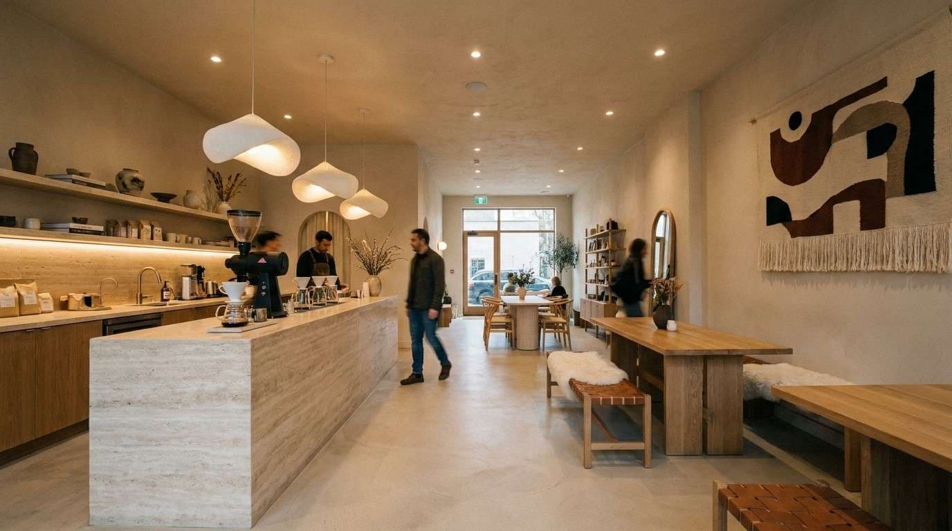 Café with a travertine counter and timber shelving