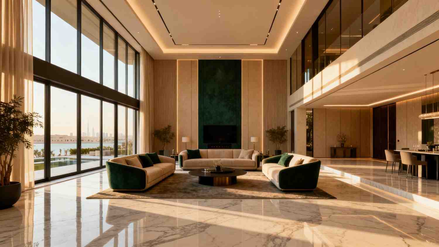Double-height living room with marble floors, green velvet sofas and a waterfront view