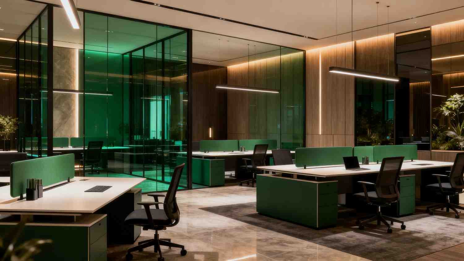 Office with green glass partitions and dark green desks