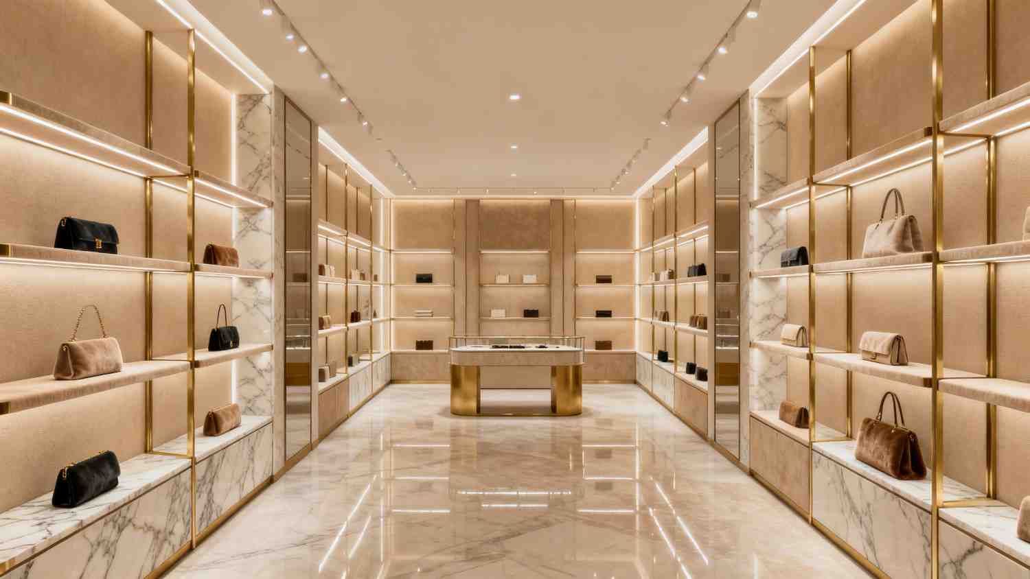 Boutique with illuminated shelving, marble floors and brass details