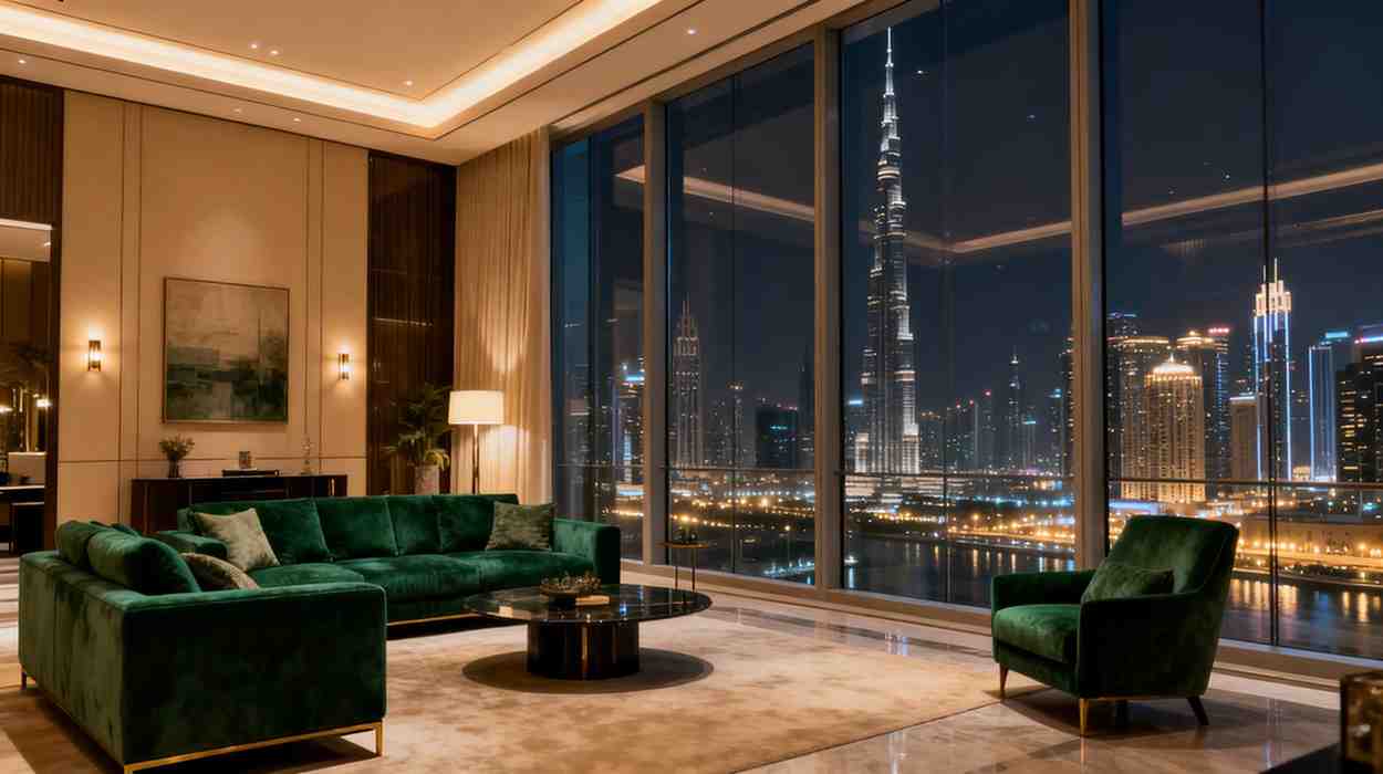 Evening living room with green velvet seating and a skyline view