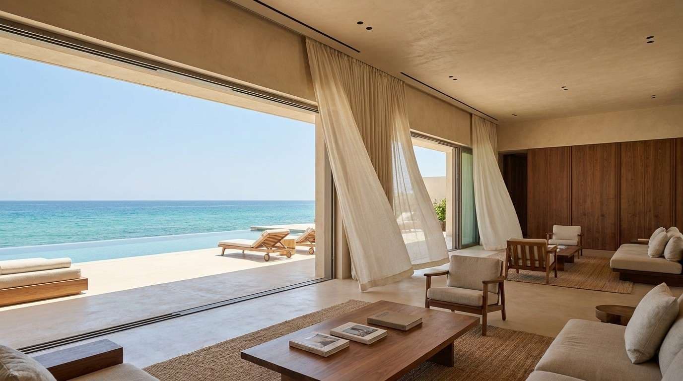 Living room opening onto a beach view with sheer curtains