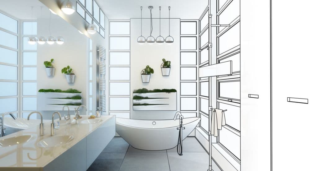 Bathroom design sketch blending into a finished room